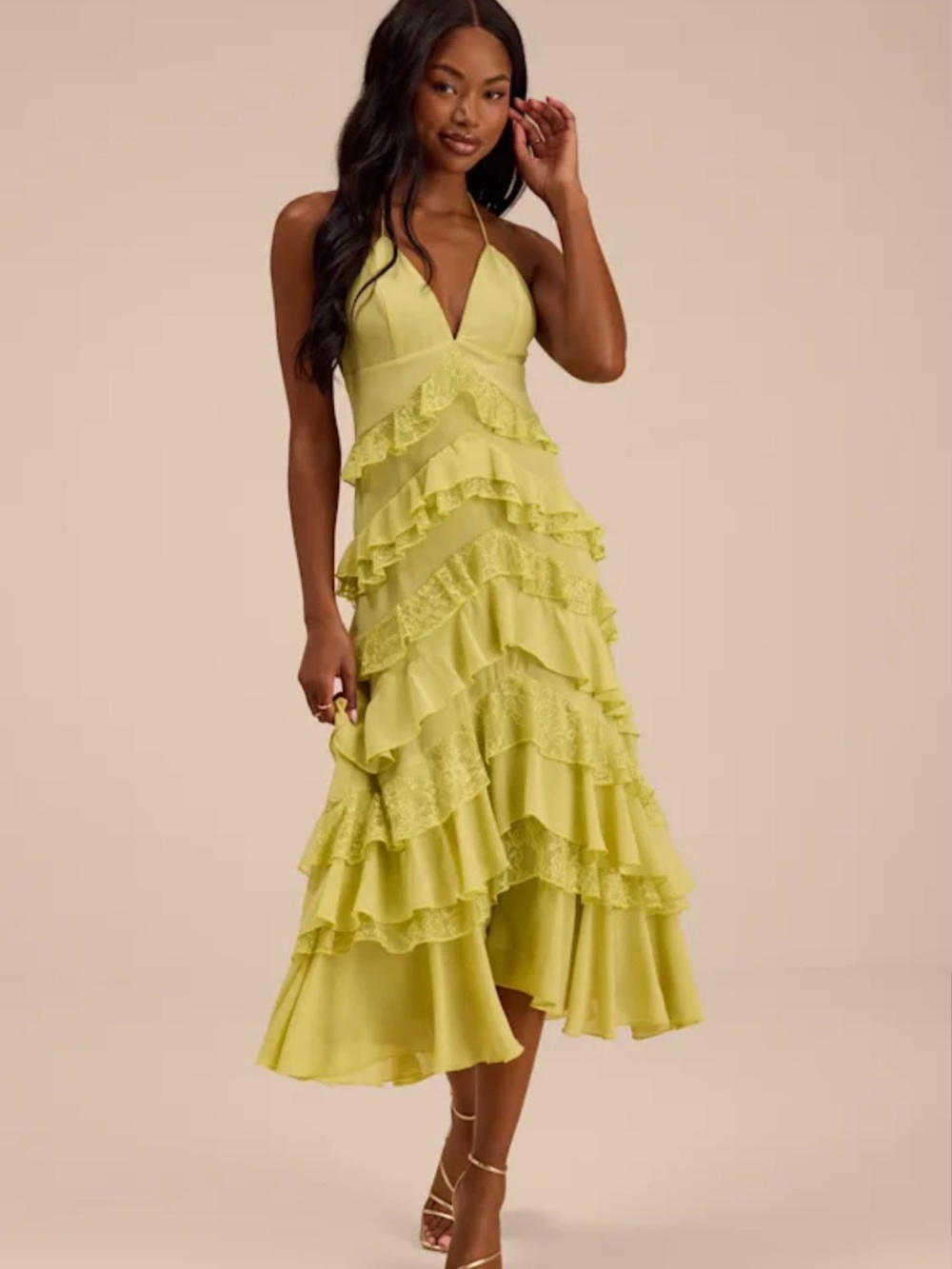 NWT Lulu's Melena Chartreuse Ruffled Lace Midi Dress - XL